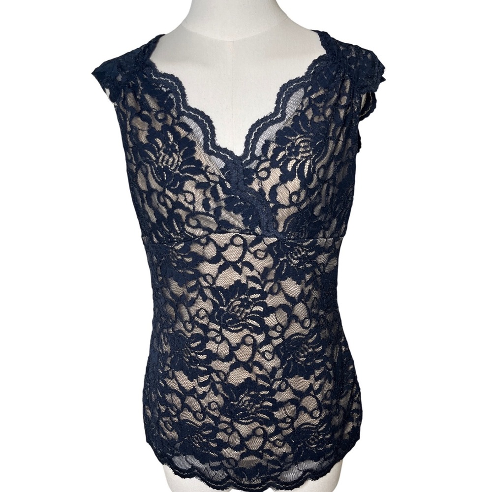 Romantic Floral Lace V-Neck Cap Sleeve Top Navy Boston Proper M